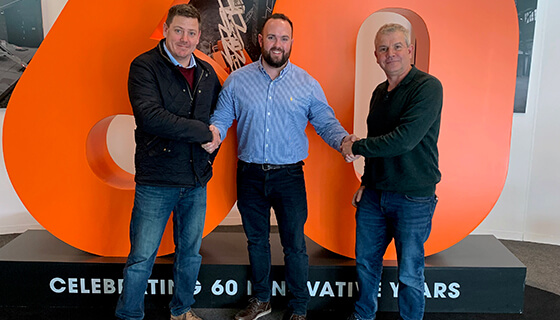 Jason Prisley (left) and Claudio Checchia (right) of 2 Cousins Powered Access at the Snorkel's Vigo Centre facility in early 2020 with Scott Holtby of Snorkel UK (centre)