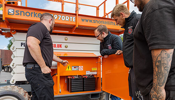 Scott Holtby of Snorkel UK (left) provides product familiarization to the Platform Hire team