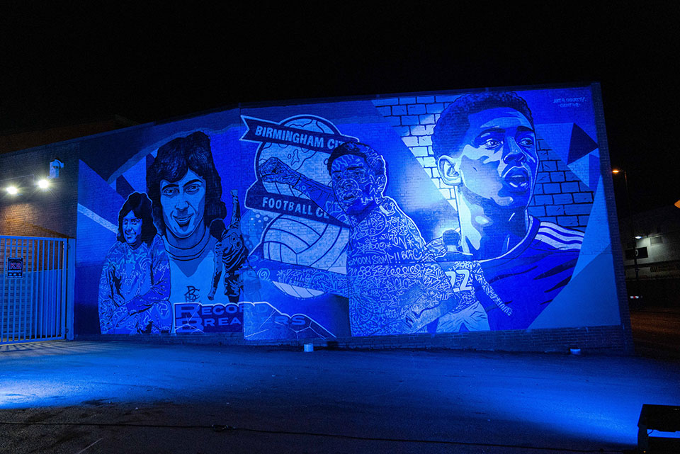 The Record Breakers mural lit up in blue, the colour of Birmingham City Football Club. Photo courtesy of Edwin Ladd - Mr Ladd Media