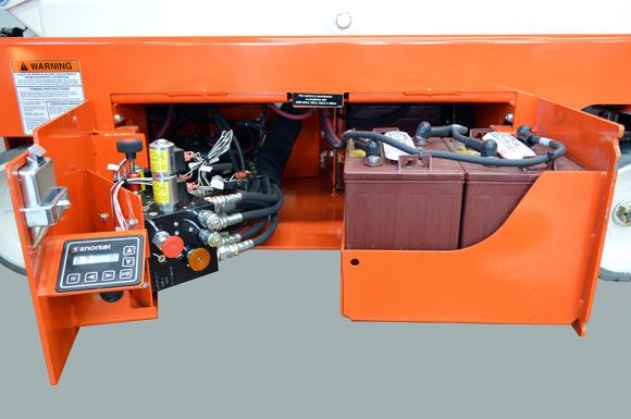 Two orange doors open showing batteries and hydraulics