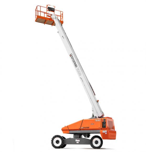 Extended white, grey and orange telescopic boom lit on white background