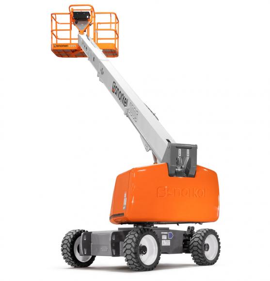 White, grey and orange telescopic boom in elevated position on a white background